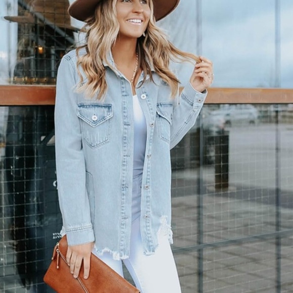 Light Wash Distressed Denim Long Jacket - Picture 13 of 13